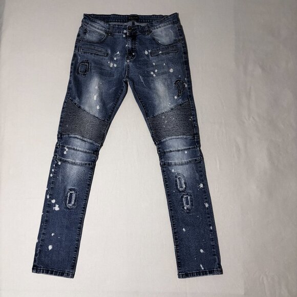 CJ Black Premium Skinny Flex Jeans 34x34 Moto Distressed Paint Splatter Denim - Picture 14 of 14
